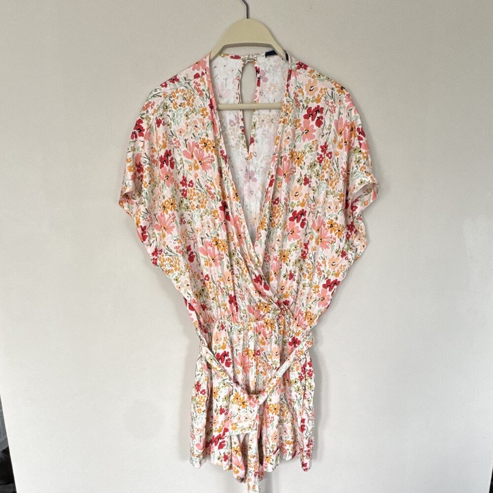 Shore Women's Floral Romper L Pink Red Yellow Wide-Leg V-Neck Tie Accent